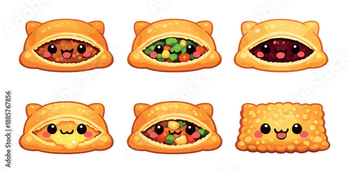 Cute cartoon empanadas with expressive faces and varied fillings