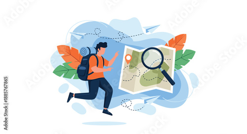 Male traveler with a large backpack running to explore a destination on a map with a magnifying glass illustration concept.