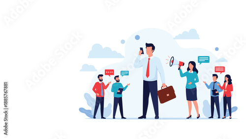Large business leader speaking into a megaphone while surrounded by smaller employees with speech bubbles and professional briefcases.