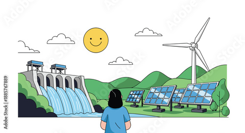Person looking at a sustainable landscape featuring various renewable energy sources like a hydroelectric dam, solar panels, and a wind turbine.
