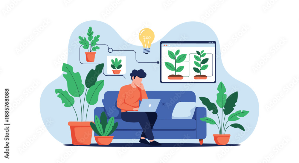 Naklejka premium Man working on his laptop from a cozy sofa at home, researching and learning about indoor plants and urban gardening online.