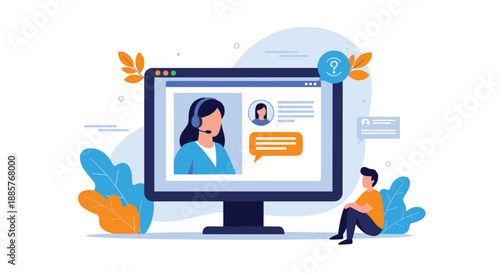 Man using a computer to get help from an online customer service agent through a video chat support system on a website.