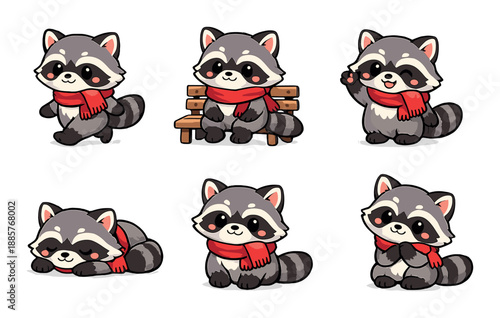 Cute cartoon raccoons in red scarves with various expressions and poses