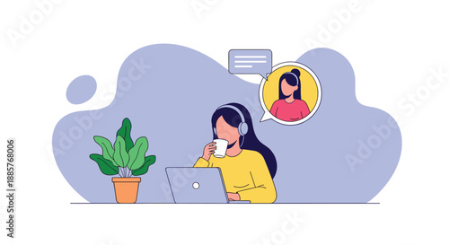 Woman wearing headphones having a video conference on her laptop while drinking coffee, illustrating a remote work or e-learning.