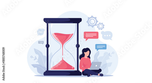 Woman working on a laptop next to a large hourglass, representing the concept of meeting deadlines and managing time effectively.