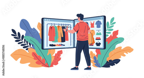 Man browsing an online fashion store on a large screen, choosing new clothes from a digital wardrobe for online shopping.