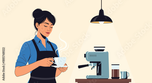 Portrait of a smiling female barista in an apron proudly holding a freshly made cup of hot coffee in a cozy coffee shop.