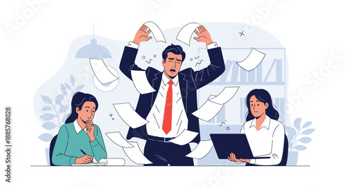 Stressed and angry male manager throwing documents in the air from overwork, while his colleagues work calmly beside him.