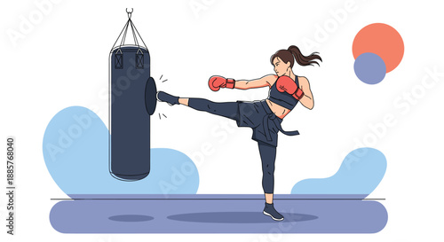Athletic woman in sportswear doing a powerful kickboxing workout, kicking a heavy punching bag for fitness and self-defense.