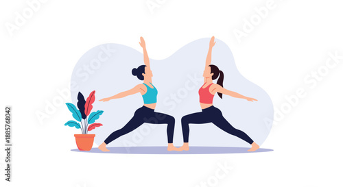 Two women practicing a synchronized warrior yoga pose together in a class, promoting fitness, balance, and mental wellness.