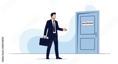 Businessman in a suit holding a briefcase and waiting to enter a room for a scheduled job interview for a new position.