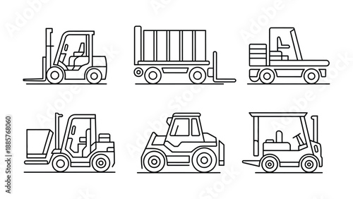 Heavy Machinery Outline: An array of detailed line art showcases various types of heavy machinery, each designed for specific functions in industry and construction. 