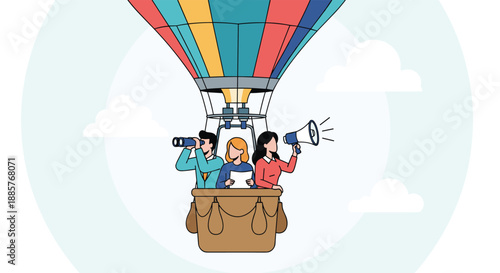 Business team in a hot air balloon using binoculars and a megaphone, symbolizing exploration, leadership, and new ventures.