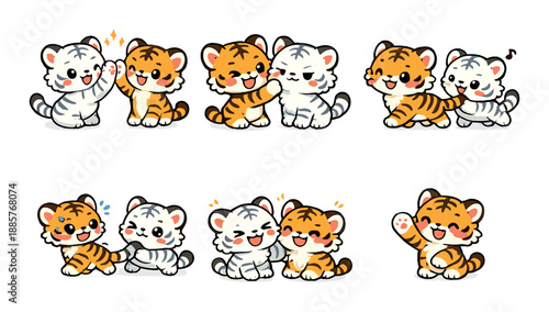 Cute cartoon tiger and white tiger cubs in various playful poses on gradient background
