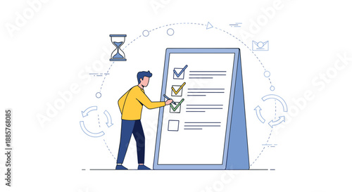 Man ticking off completed tasks on a giant checklist, symbolizing effective project planning, organization, and time management.