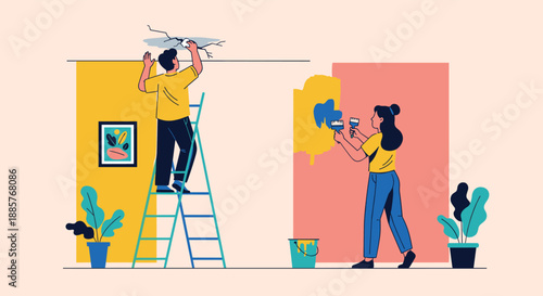Young couple working together on home renovation, with the man on a ladder fixing the ceiling and the woman painting the wall.