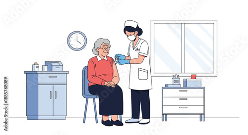 Female nurse wearing a face mask giving a vaccination shot to an elderly woman in a clinic during a medical appointment.