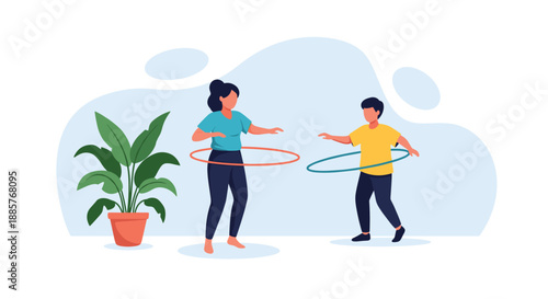 Mother and son having fun while exercising together at home with hula hoops, promoting a healthy and active family lifestyle.