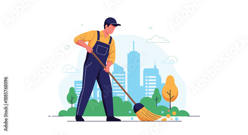 Male janitor in uniform sweeping the street in a city park, providing essential cleaning and maintenance services for the public.
