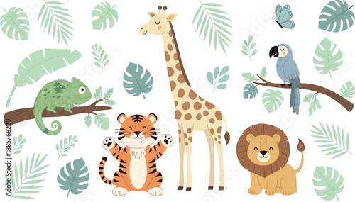 Cute jungle animal illustration set with giraffe, lion, tiger, chameleon, parrot, and tropical leaves for kids nursery and playful flat vector designs