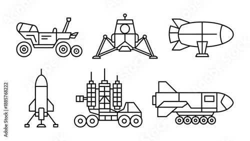 Cosmic Explorers' Fleet: A collection of various spacecraft outline art, the image invokes a sense of adventure and scientific exploration.