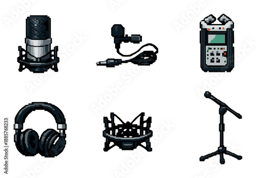 Audio equipment set with microphones, recorder, headphones, and accessories