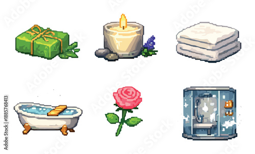 Pixel art spa elements featuring candle, soap, towels, bathtub, rose, and shower