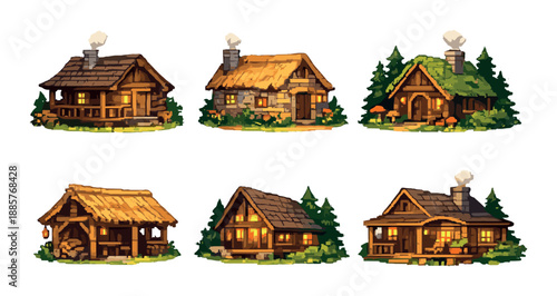 Rustic fantasy cabins with glowing windows in a forest setting