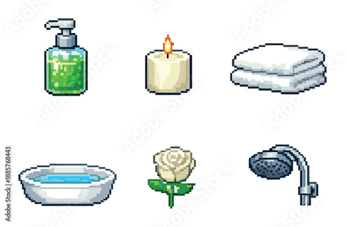 Pixel art of spa items: soap, candle, towels, basin, rose, shower