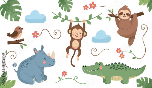 Cute jungle animal illustration set with monkey, sloth, crocodile, rhino, birds, and tropical leaves for kids nursery and playful flat vector design