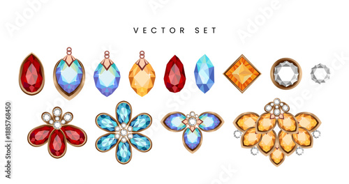 Set of colorful gemstones in various shapes, including heart, diamond, and emerald cuts. Vector cartoon illustration