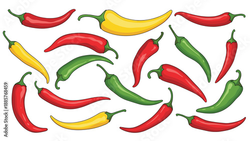 Diverse assortment of red, yellow, and green chili peppers in various shapes and sizes, isolated on a clean white background for food design.