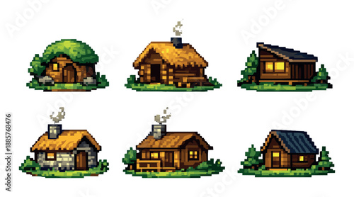 Pixel art cottages: variety of rustic small houses with green background