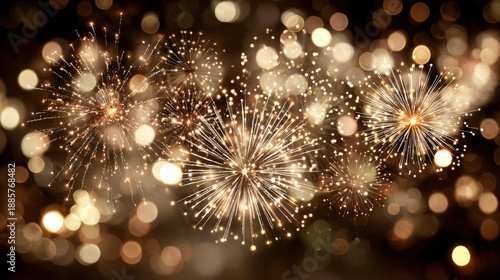 Brilliant golden pyrotechnics burst across a dark night sky creating a festive scene