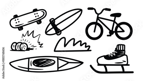 Drawn Leisure: A collection of meticulously hand-drawn recreational items, capturing the essence of various outdoor and leisurely activities, perfect for evoking a sense of adventure and freedom.