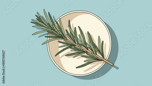 Single aromatic sprig of fresh green rosemary resting on a small white ceramic plate over a soft blue background with clean minimalist style.