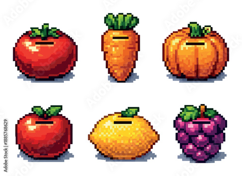 Pixel art icons: tomato, carrot, pumpkin, apple, lemon, grapes on gradient background