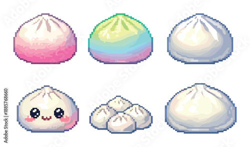 Colorful pixel art dumplings with faces and varied colors