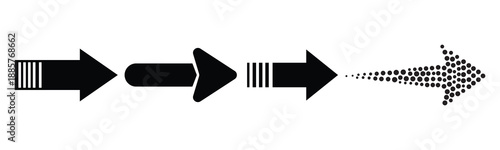 A sequence of four arrows transforming in style from solid to dotted illustrates progression and change in a modern graphic design concept.