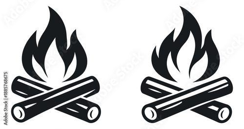 Simple graphic campfire icon set featuring burning logs for outdoor and UI design