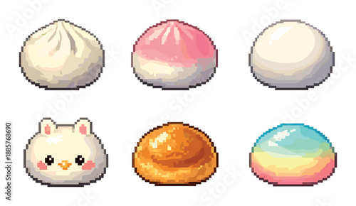 Pixel art dim sum and pastry collection with cute animal face bun