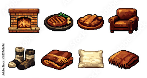 Cozy autumn ambiance with fireplace, meals, comfortable chair, socks, blankets, pillow