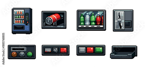 Pixel art vending machine and control panel icons on olive background