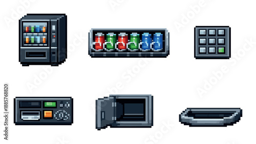 Pixel art vending machine, safe, and electronic devices on gray background