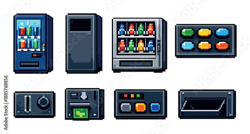 Pixel art vending machines and control panels on gradient background