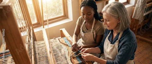 Senior White Woman teaching Black Woman weaving on loom, diverse craftswomen learning textile art, concept of intergenerational skill sharing and creative hobby