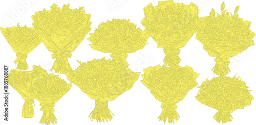 The image features a collection of ten yellow flower bouquets arranged in a repetitive pattern against a clean white background. Each bouquet showcases a vibrant yellow color, symbolizing joy and posi