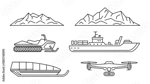Transportation Icons Collection: A curated collection of minimalistic line art icons featuring various modes of transportation, ideal for a modern design. 
