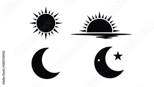 Celestial bodies including sun moon and stars in black silhouette