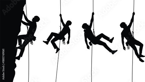 Rock climbing silhouettes sequence, people rappelling on rope, extreme sport action poses, adventure outdoor activity black shadow illustration